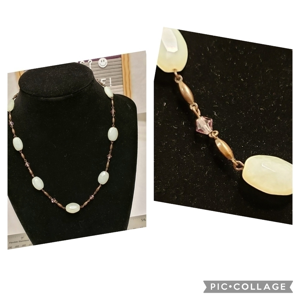 Signed Liz Palacios Green Stone Necklace with Lavender Glass Beads